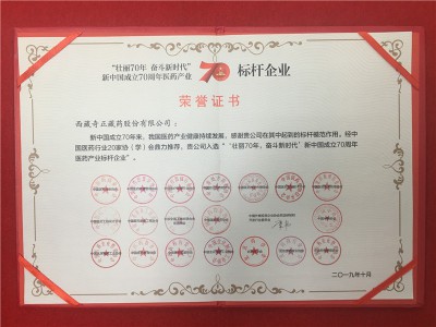 “壯麗70年 奮斗新時(shí)代”新中國(guó)成立70周年醫(yī)藥產(chǎn)業(yè)-標(biāo)桿企業(yè)-2019年10月證書